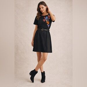Philosophy Black Embroidered Floral Boho T-Shirt Dress | Size S